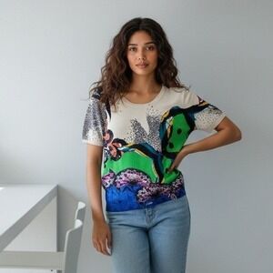 Etro Milano 44 Womens Top 100% Silk‎ Abstract Ribbed Tank Abstract Art To Wear